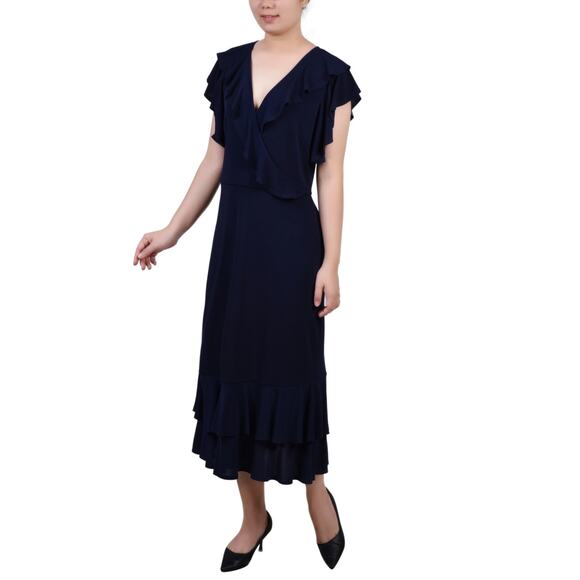 Ny Collection Women's Petite Flutter Sleeve Ruffle MIDI Dress Large Navy NWT - Picture 1 of 6
